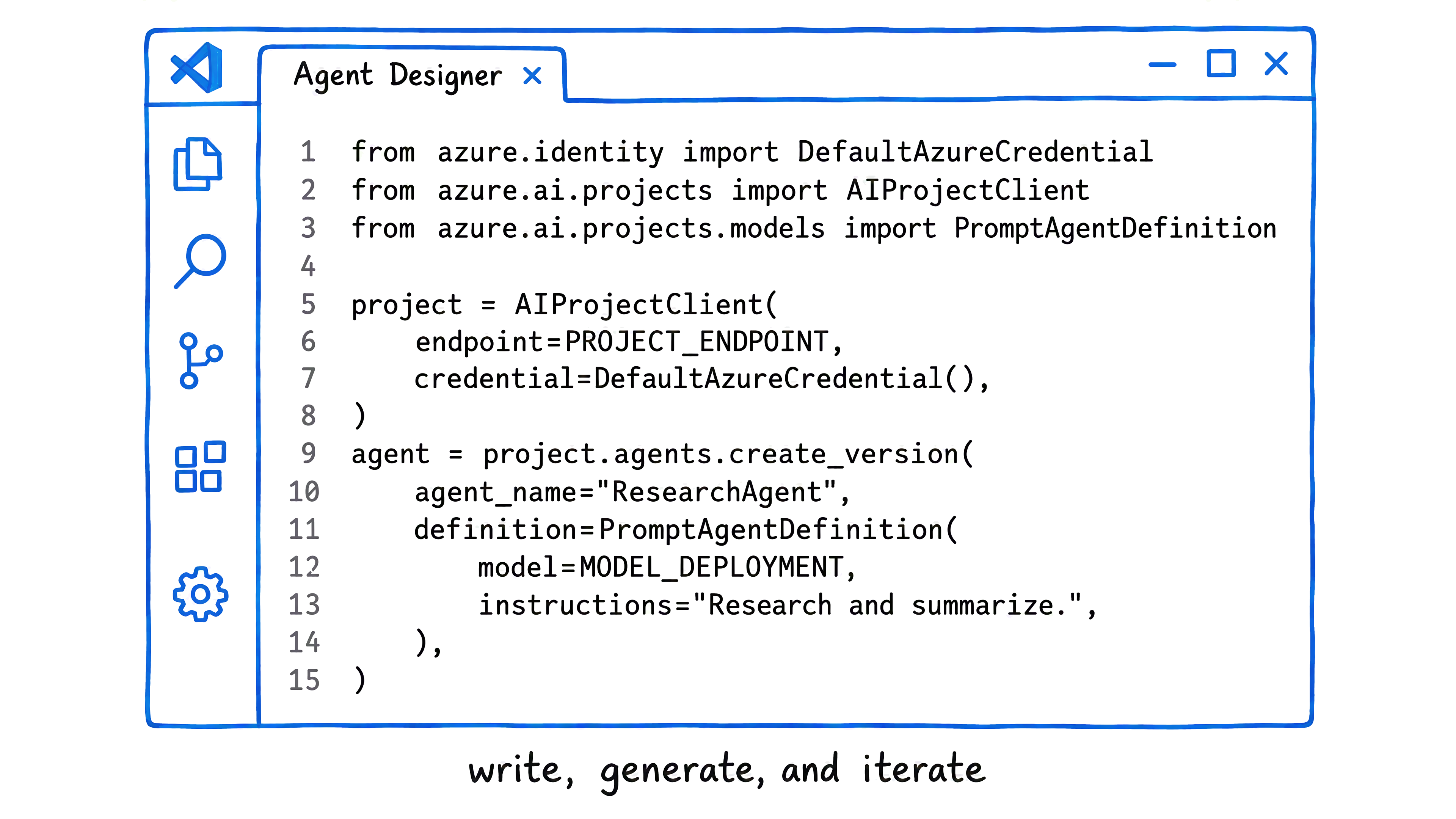 Diagram that shows a Visual Studio Code editor with an Agent Designer tab and Python code for creating and iterating on an agent.