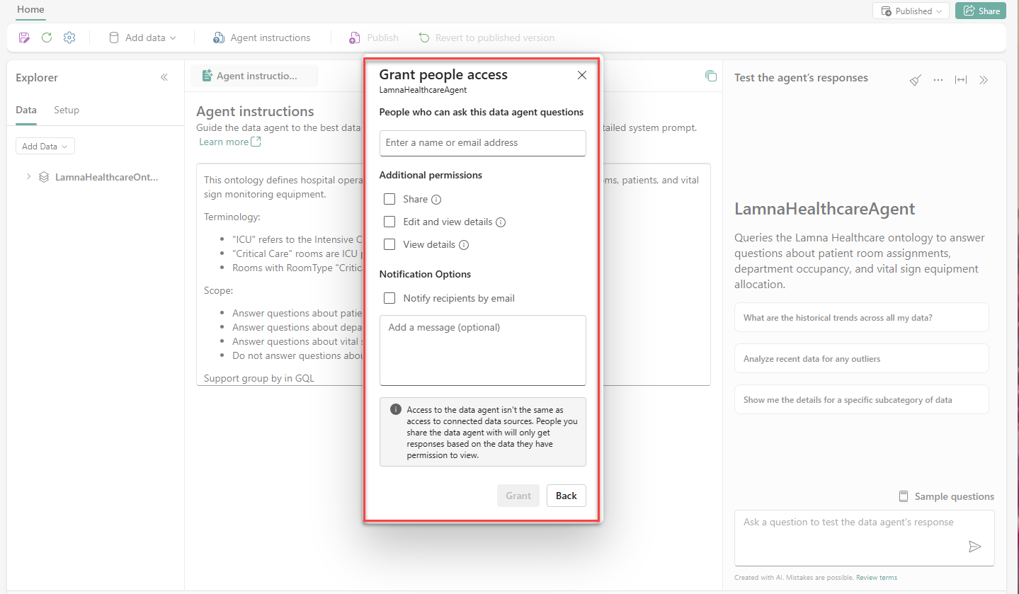 Screenshot of the share dialog showing the permission level options for sharing the data agent.
