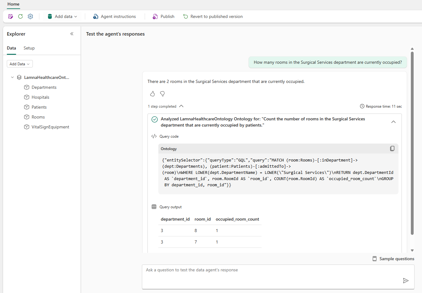 Screenshot of the steps dropdown expanded in the data agent chat pane, showing the generated GQL query and reasoning steps.
