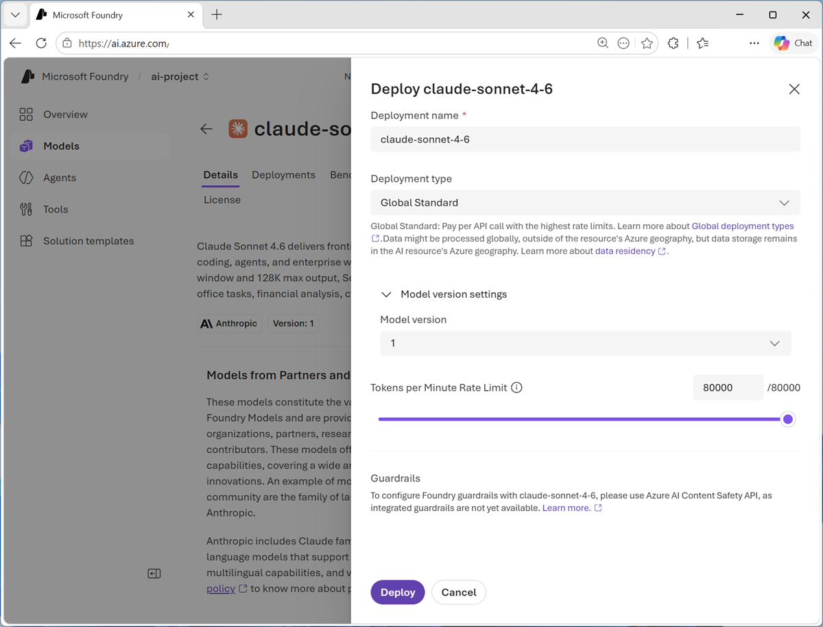 Screenshot of the model deployment interface in Foundry portal.