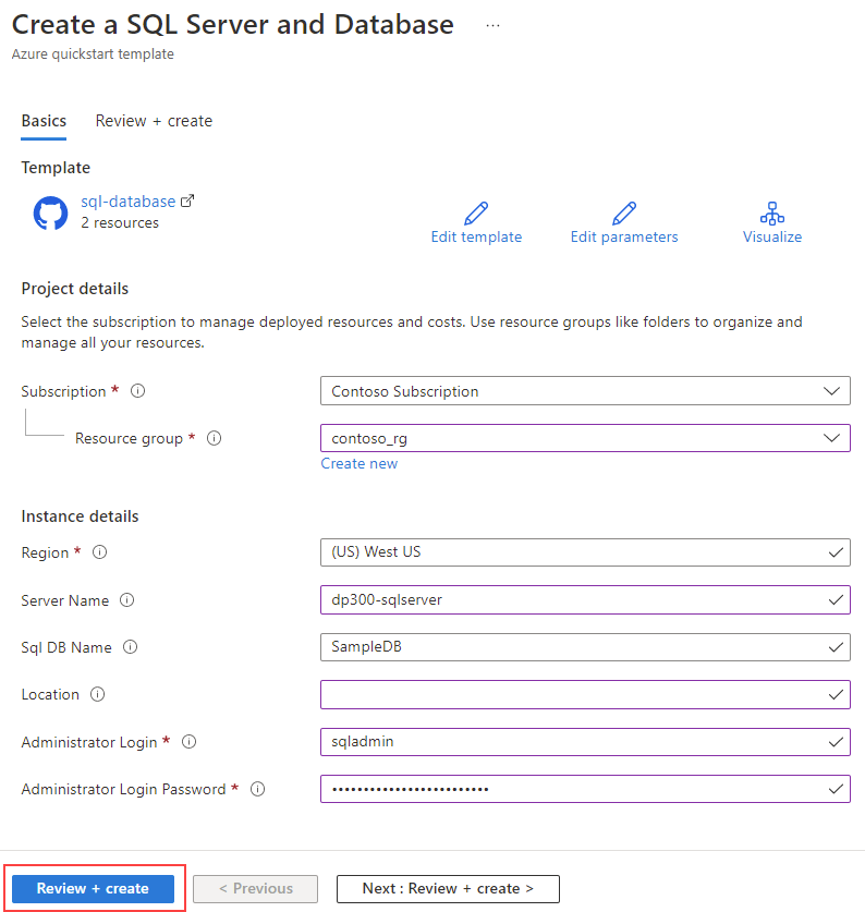 Screenshot of the Create a SQL Server and database page on Azure based on the quickstart template.