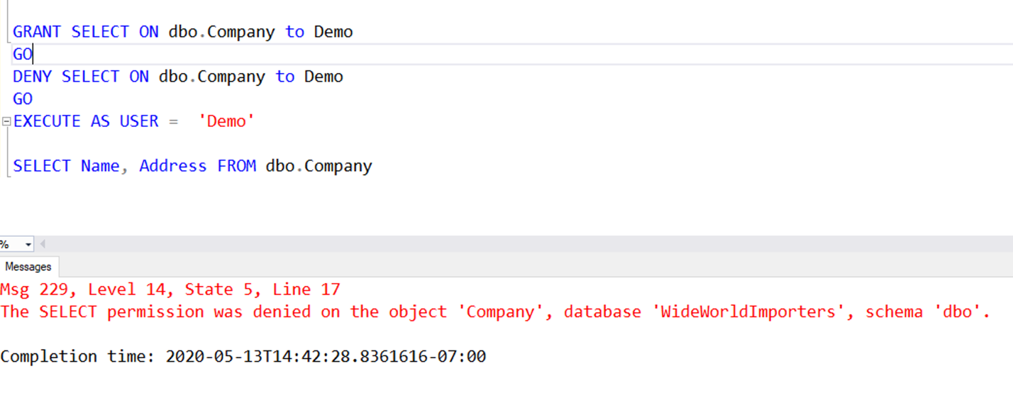 A T-SQL Example of a DENY overriding a GRANT