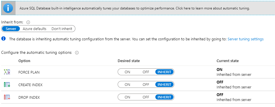 Screenshot of Automatic tuning Options for Azure SQL Database.