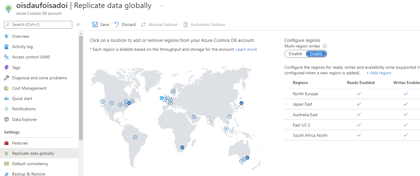 Global distribution pane in Azure portal with multi-region write options