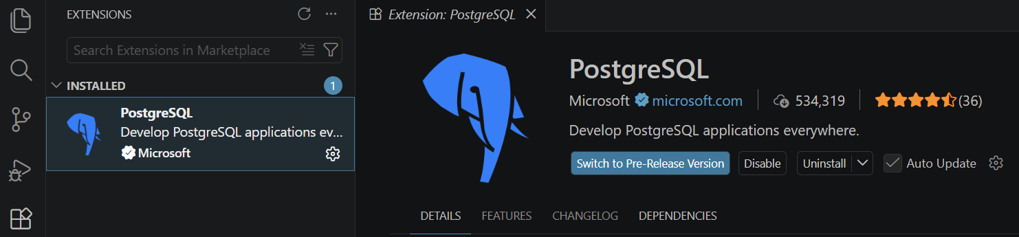 Screenshot of the VS Code Extensions view showing the PostgreSQL extension published by Microsoft, ready to install.