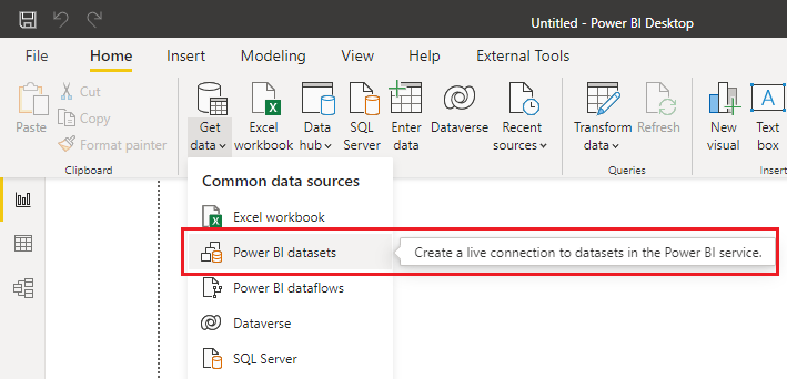 Screenshot from Power BI Desktop, showing the Power BI dataset connection option.
