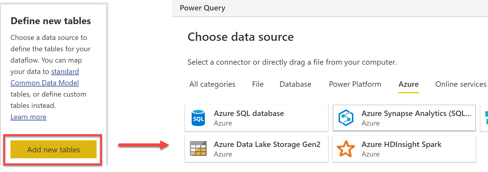 Screenshot of the Power Query online interface where you choose a data source to get data from. Choices displayed in screenshot are Azure SQL database, Azure Synapse Analytics, A D L S Gen2, and Azure HDInsight Spark.