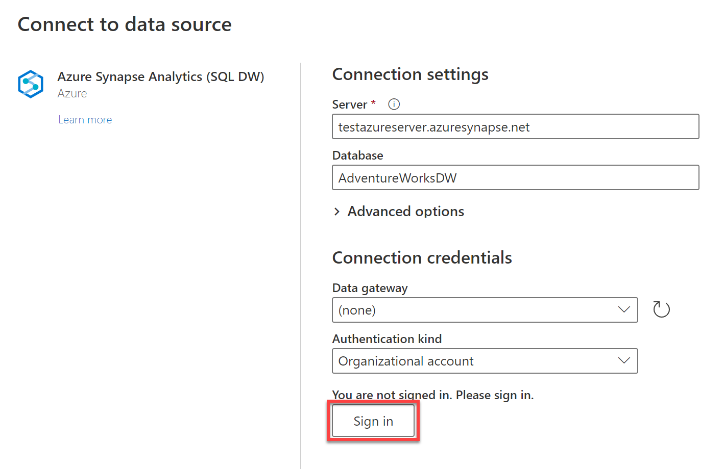 Screenshot of connection window in Power Query online, connecting to Azure Synapse Analytics. There is a red box around the sign in button.