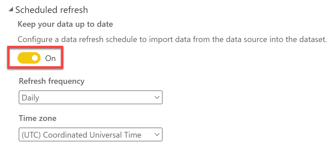 Screenshot of Power B I service dataflow settings, with the scheduled refresh toggled to on as indicated by a red box.