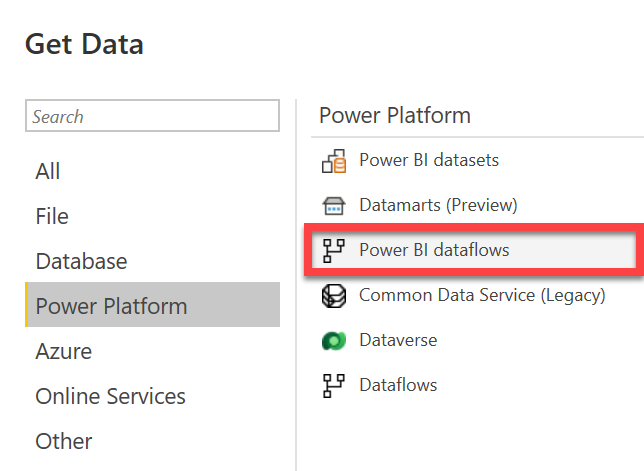 Screenshot of Power BI Desktop connectors with the Power BI dataflows option.