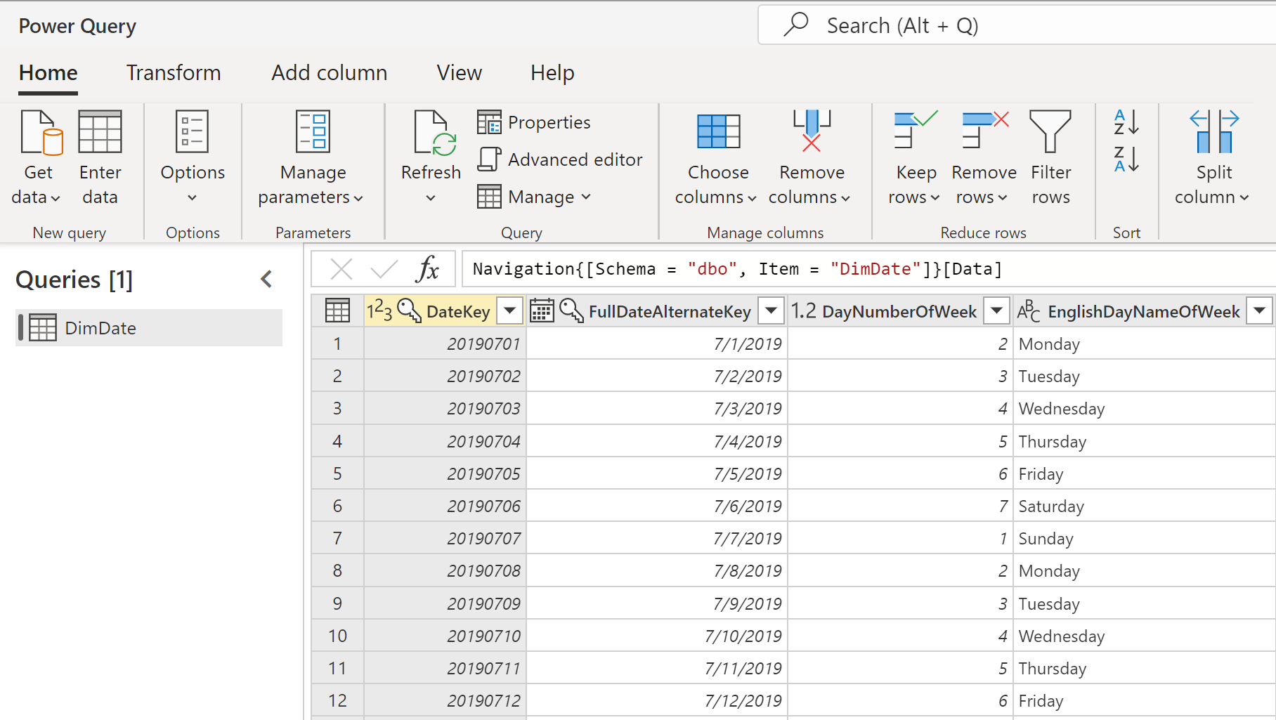 Screenshot of Power Query online interface with preview of DimDate table.