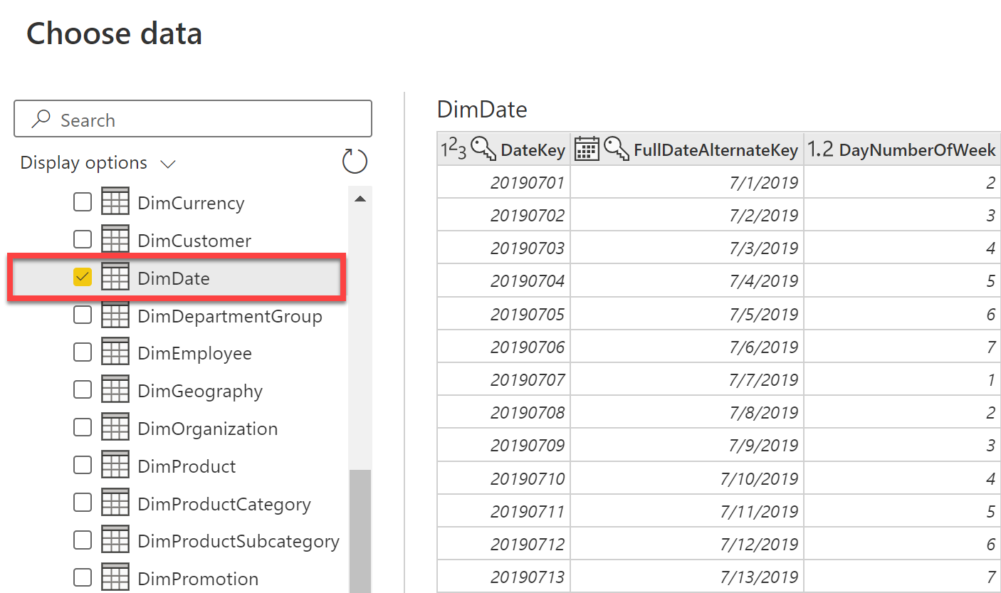 Screenshot of table preview in Power Query online with red box around Dim Date table.