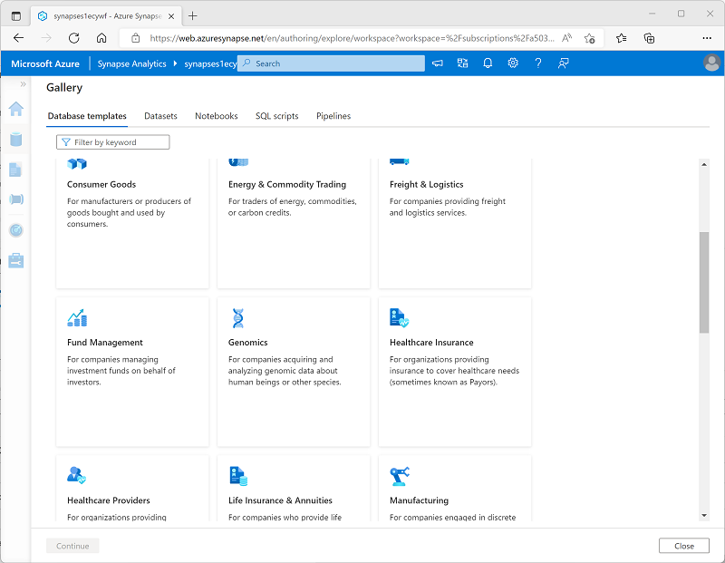 Screenshot of the gallery in Azure Synapse Studio, showing database templates.
