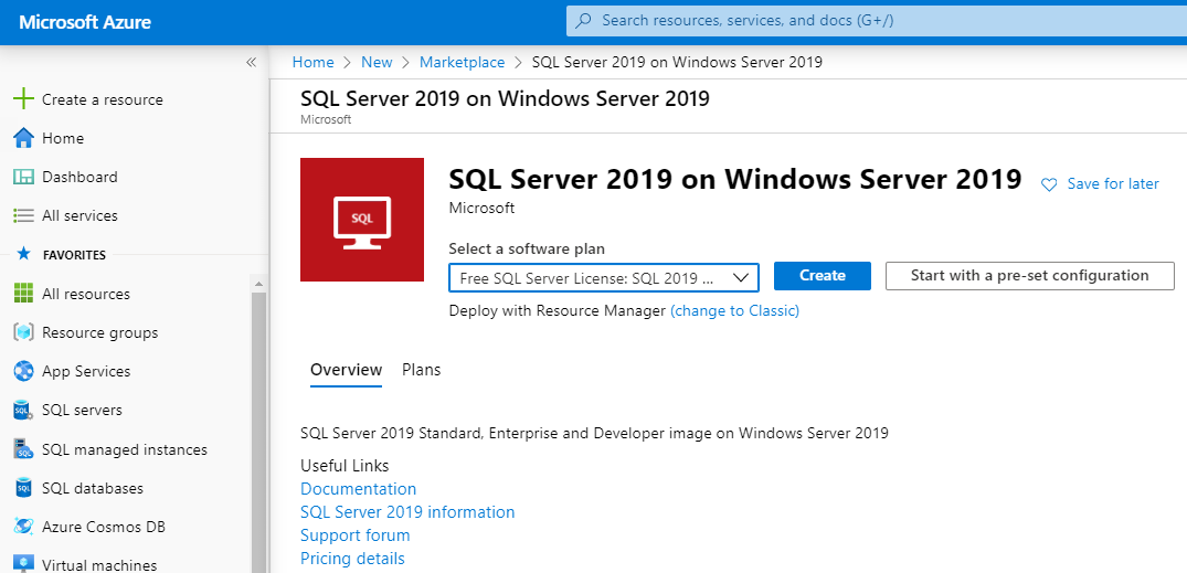 Azure portal SQL Server VM Creation