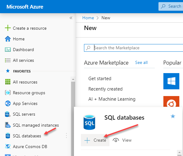 The Azure portal Azure SQL Database Deployment screen