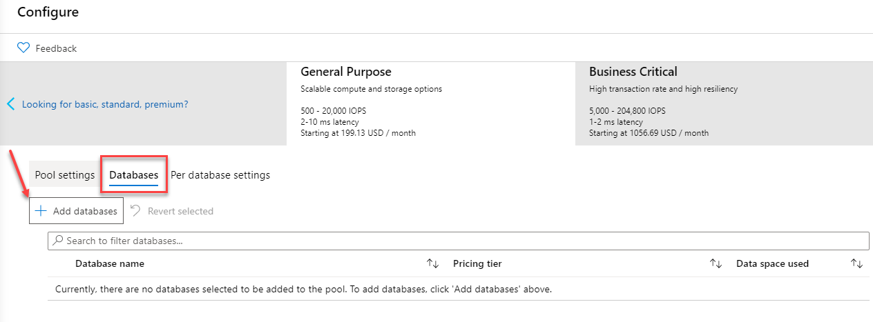 Adding a Database to an Elastic Pool in Azure portal