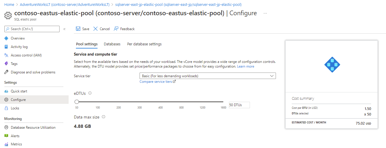 The Azure portal page showing Elastic Pool Configuration