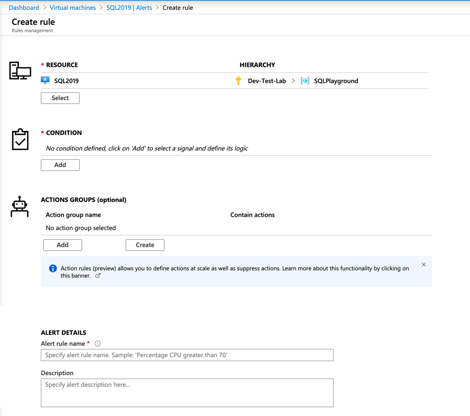 A screenshot of the create rule page on Azure portal