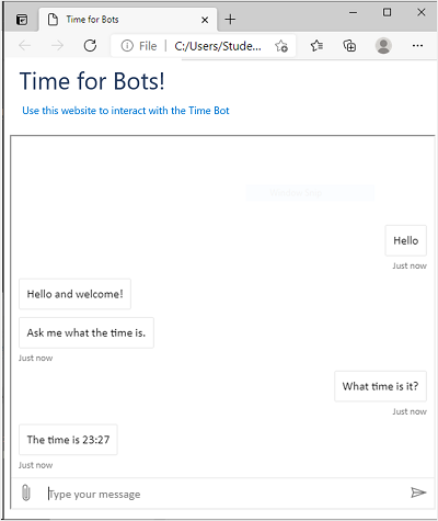 A web chat bot that returns the current time when asked