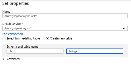 Creating an Azure Synapse Analytics table in Azure Data Factory