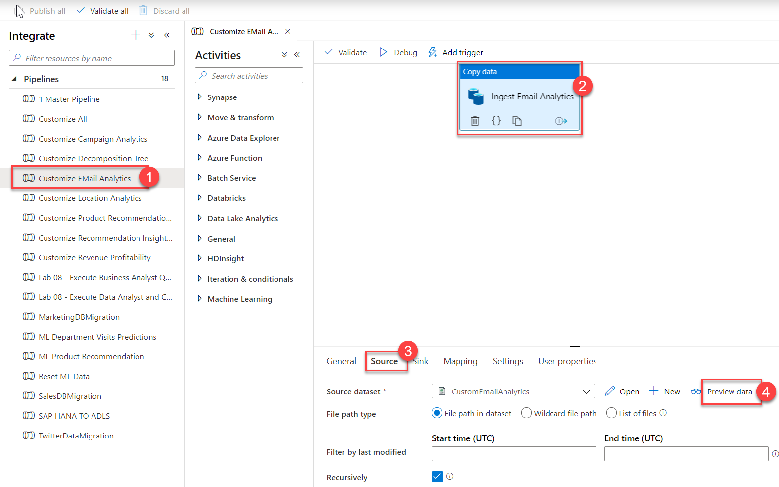 Viewing pipeline source data in Azure Synapse Studio