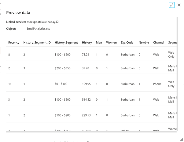 Previewing pipeline source data in Azure Synapse Studio