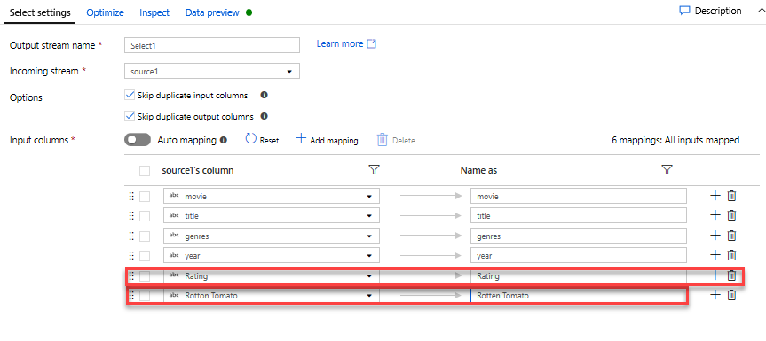 Using the Select Transformation to a Mapping Data Flow in Azure Data Factory