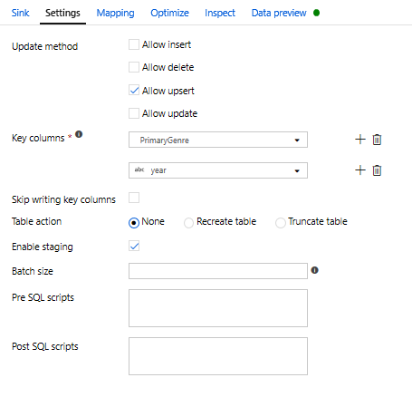 Configuring Sink settings in Azure Data Factory