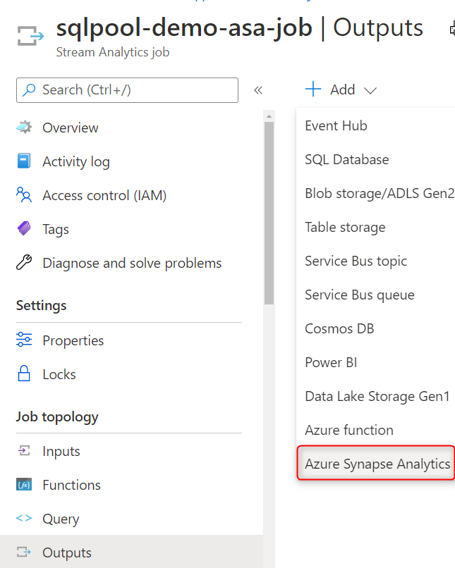 The Azure Synapse Analytics output type is selected.