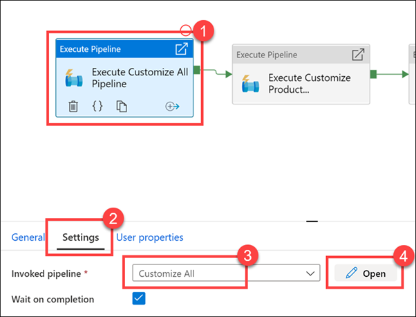 Viewing pipeline settings in Azure Synapse Studio