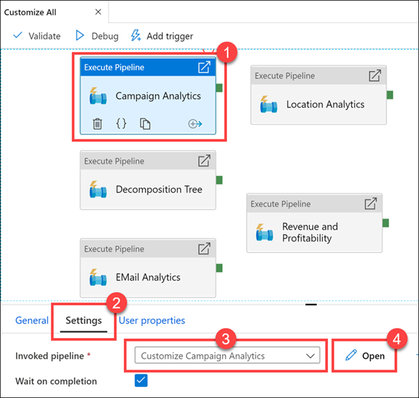 Viewing a second pipeline settings in Azure Synapse Studio