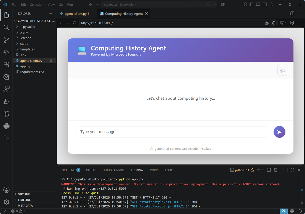 Screenshot of an agent client application in Visual Studio Code.