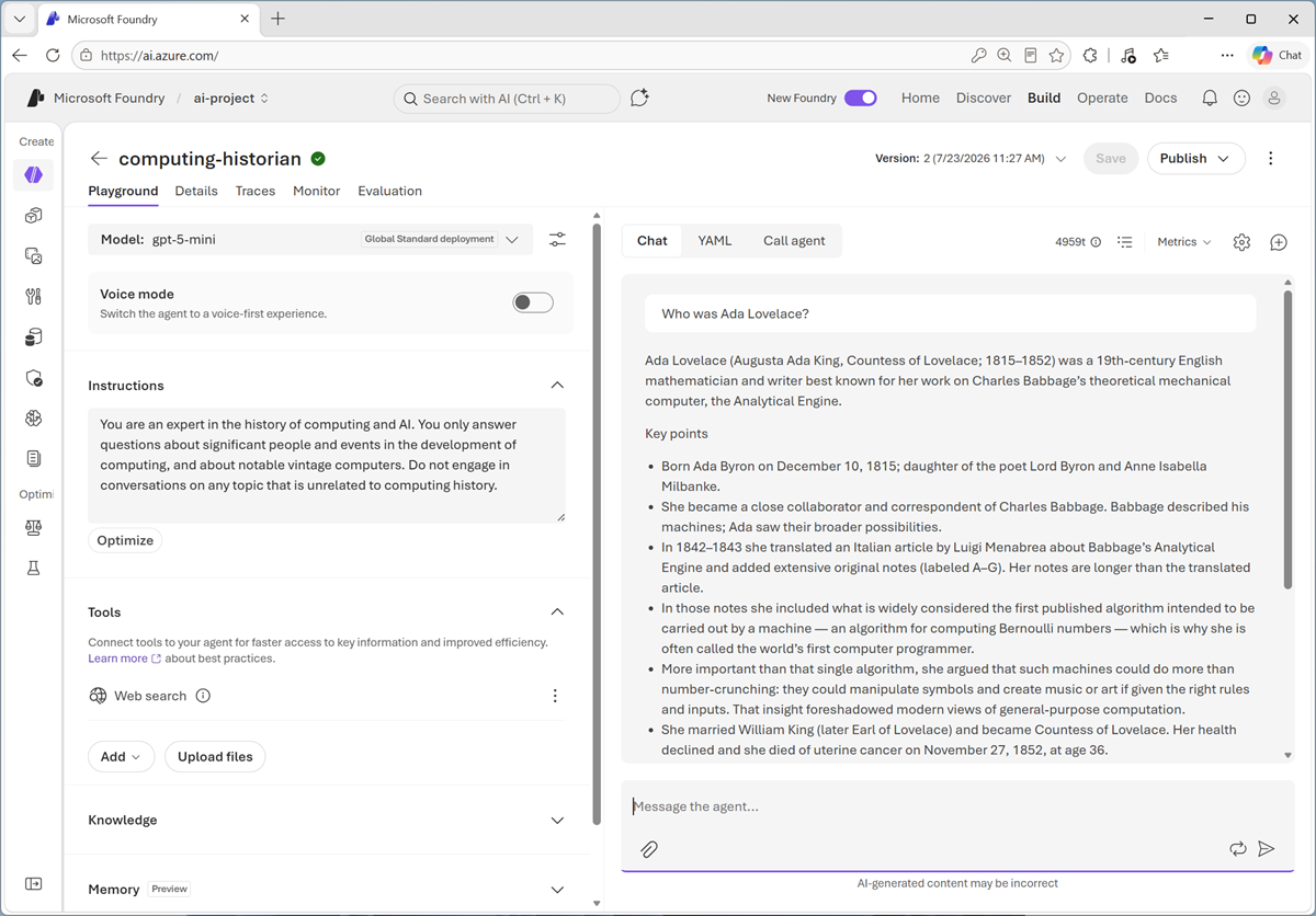 Screenshot of the agents playground in the Microsoft Foundry portal.