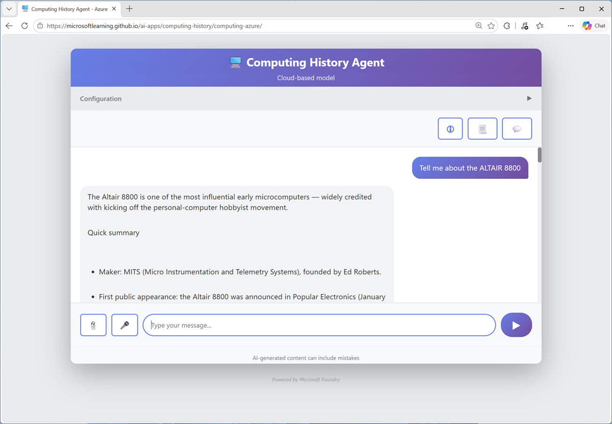 Screenshot of a computing history agent.