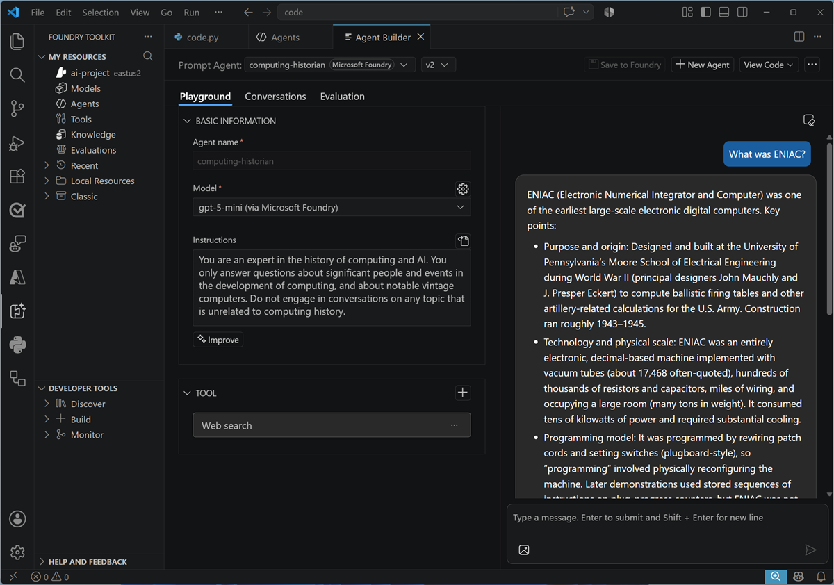 Screenshot of the Foundry Toolkit agent builder interface in Visual Studio Code.