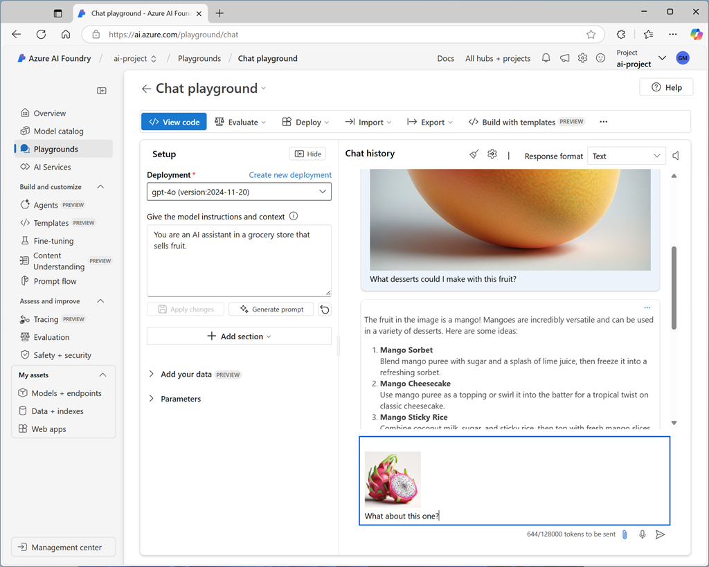 Screenshot of the chat playground with an image-based prompt.