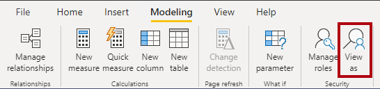 Screenshot shows the Power B I Desktop Modeling ribbon. The “View as” command is highlighted.