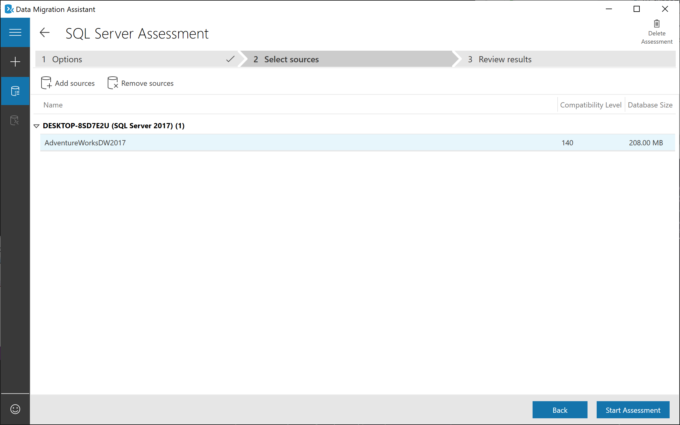 Choosing the assessment options in the Data Migration Assistant