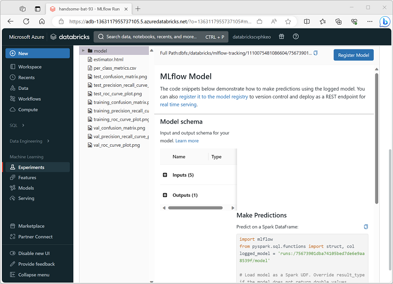 A screenshot of the Azure Databricks portal for machine learning.