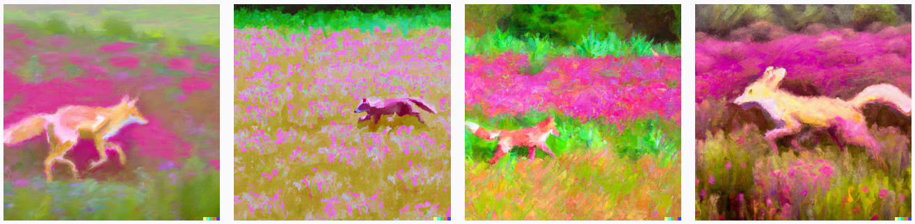 Four AI generated art depictions of a pink fox in the style of Monet.
