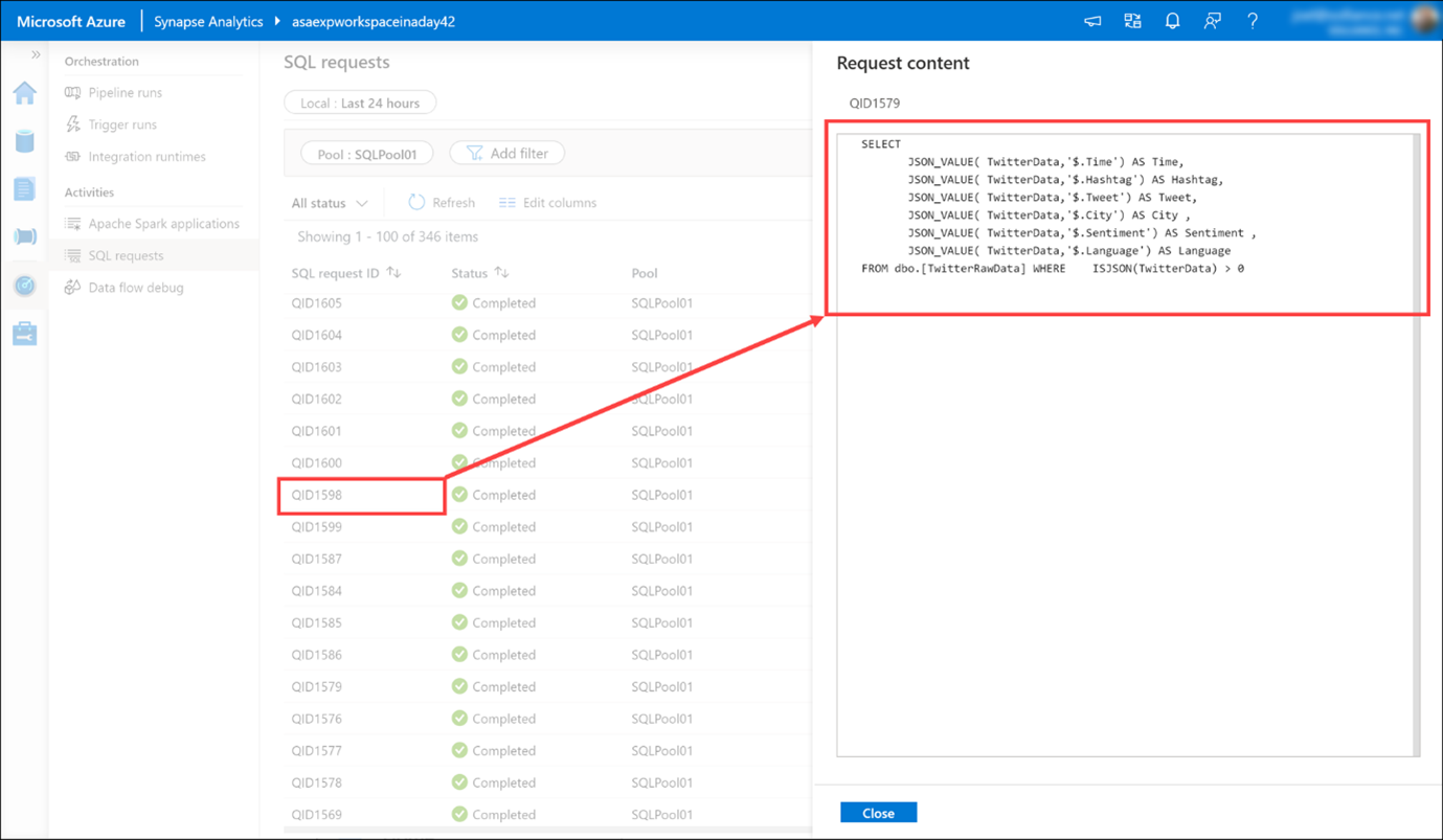 Viewing detailed information about SQL requests in the monitor hub in Azure Synapse Studio