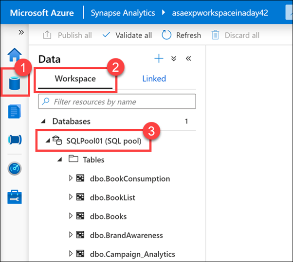 Viewing workspaces in the data hub in Azure Synapse Studio