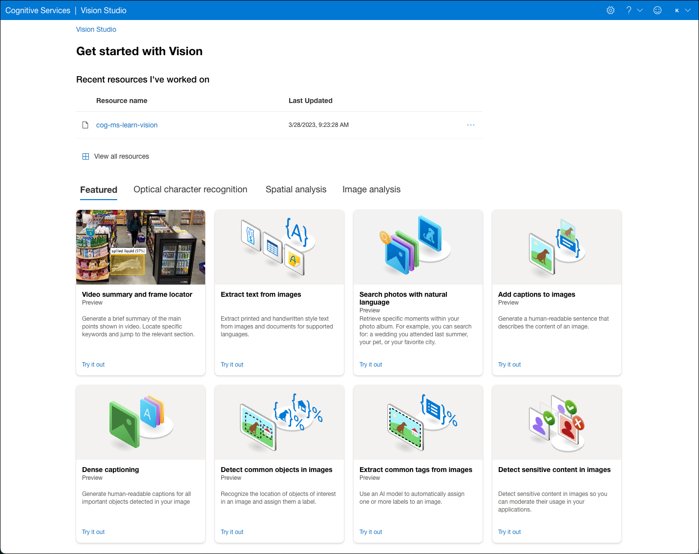 Screenshot of the Get started with Vision page of Vision Studio, with the tiles of featured capabilities selected.