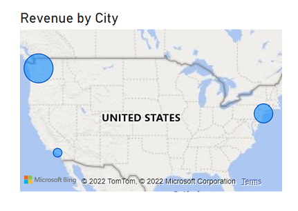 A map showing comparative revenue by city