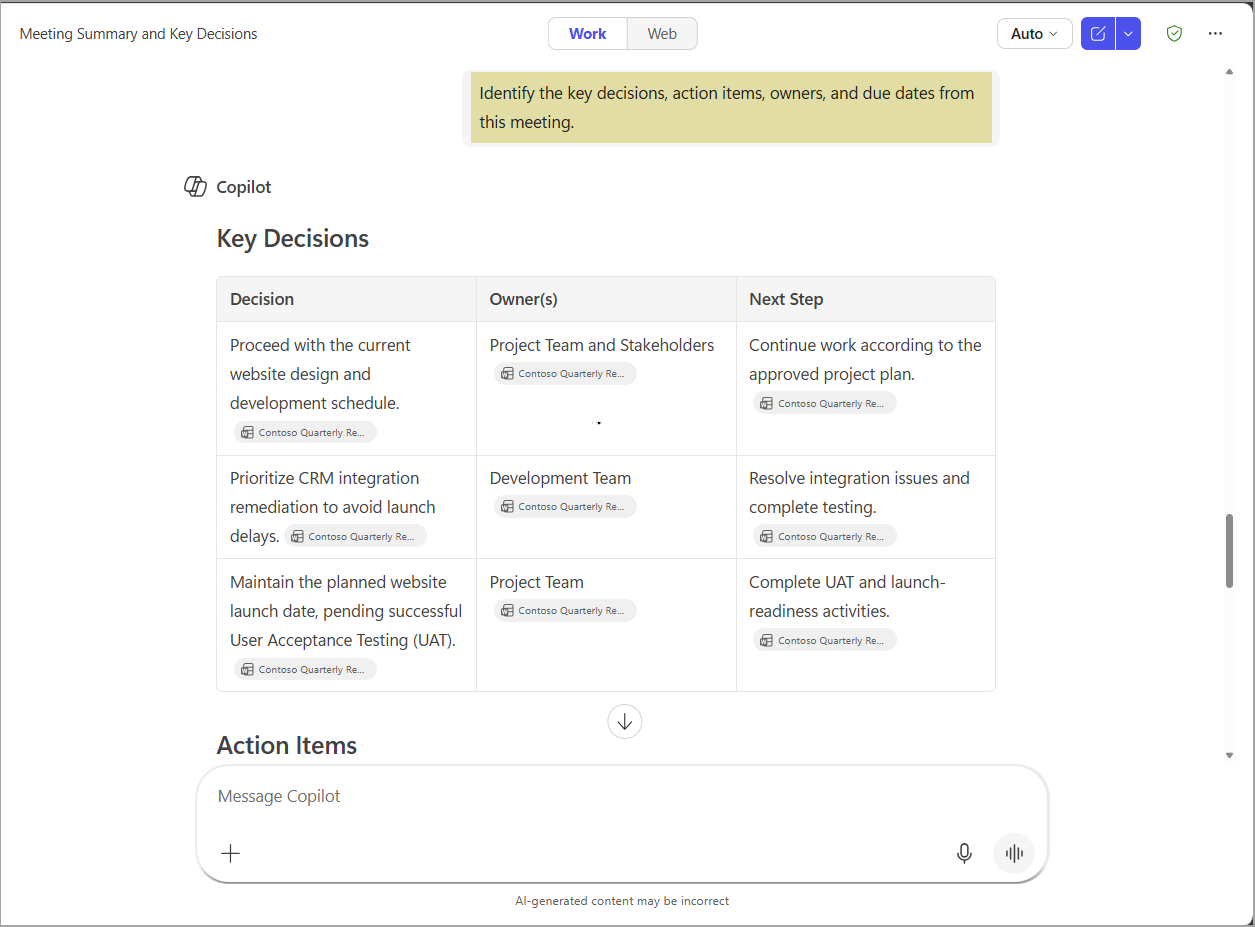 Screenshot of decisions and action items identified by Copilot.