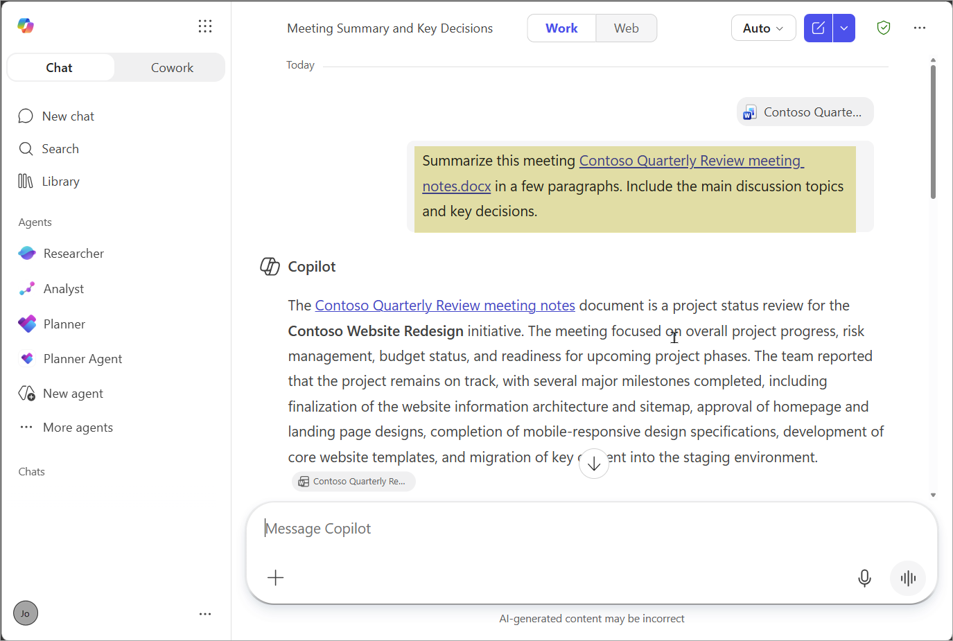 Screenshot of meeting summary generated by Copilot.
