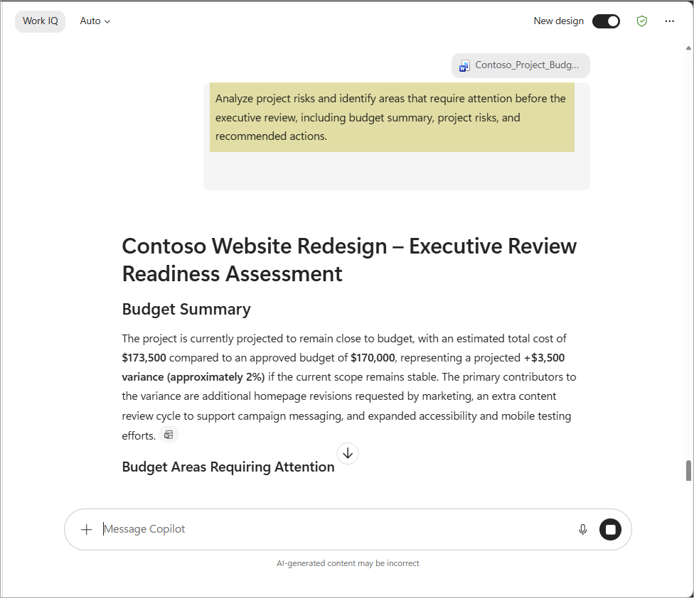 Screenshot of Copilot reviewing project budget and risks.