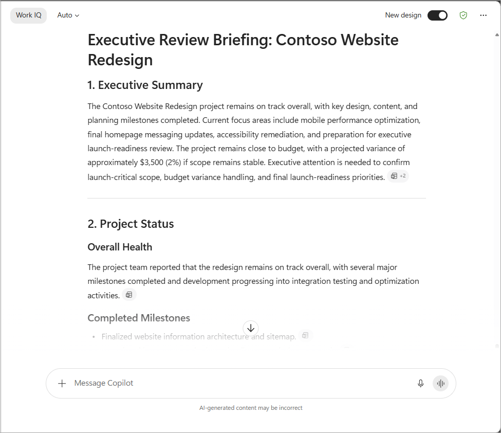 Screenshot of Copilot-created executive review briefing.