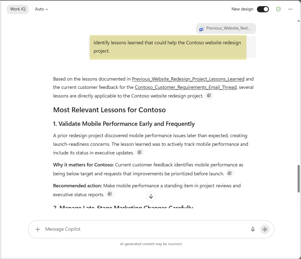 Screenshot of Copilot summarizing lessons learned from previous interactions.