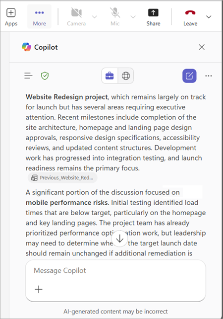 Screenshot of Copilot meeting summary in Microsoft Teams.